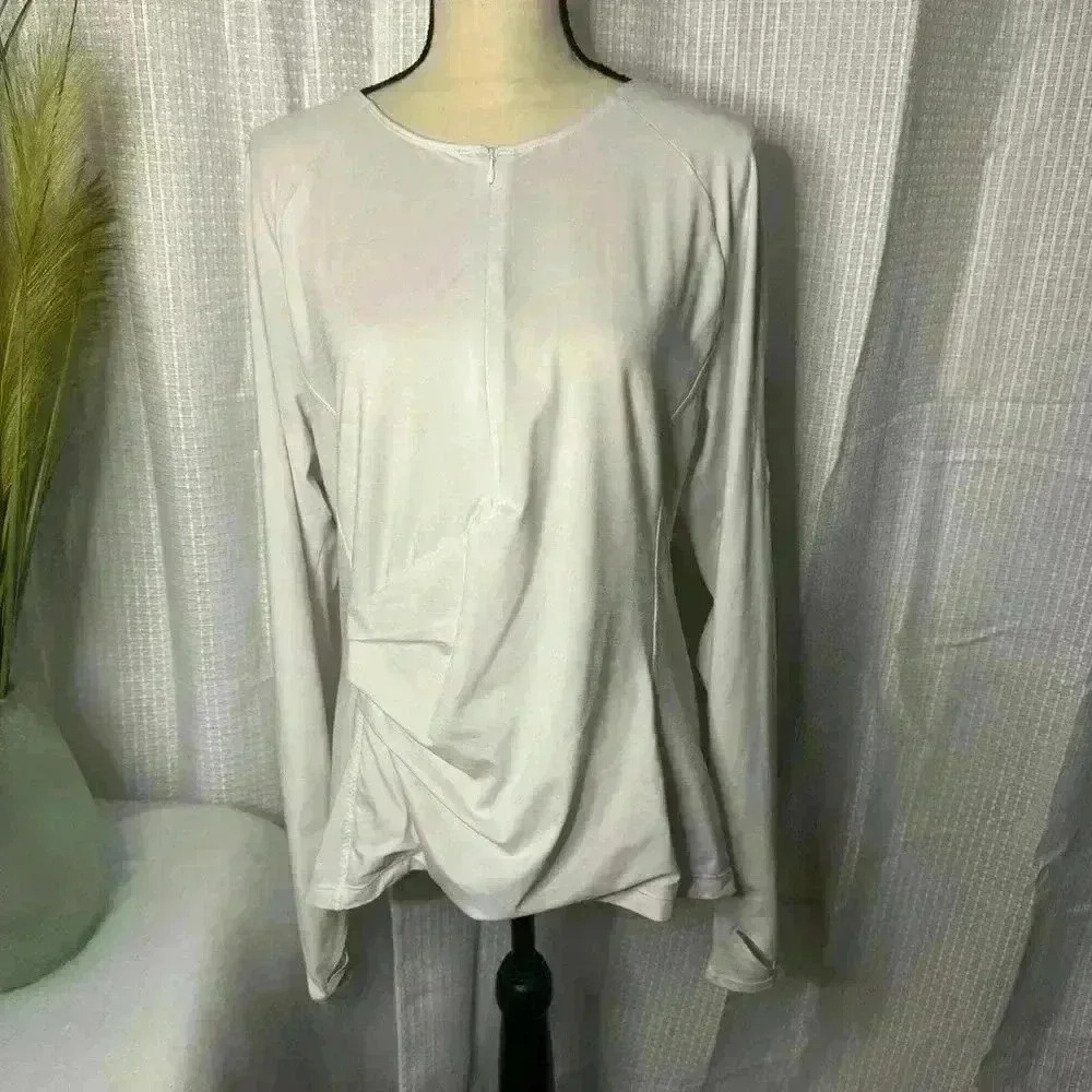Athleta XL Women’s White Gathered Long Sleeve Top Zipper Arm & Back Pockets
